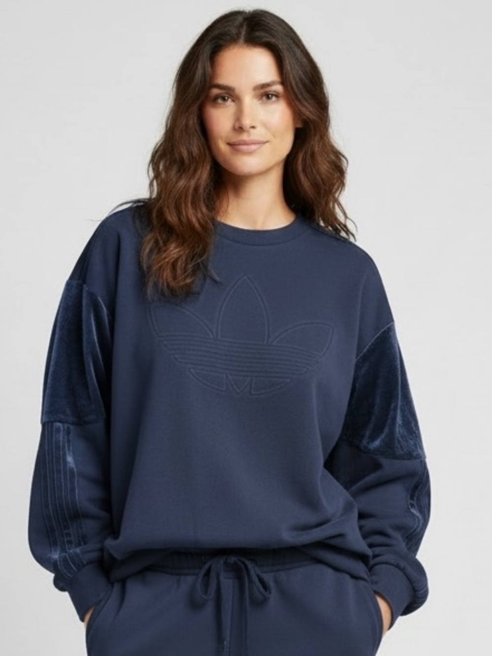 Adidas Navy Pullover with Velvet Shoulders & Stripes